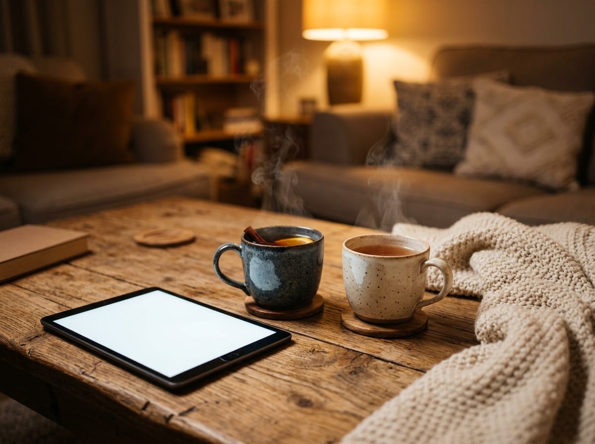 Casal fazendo o check-in financeiro semanal em casa, com celular ou tablet na mesa