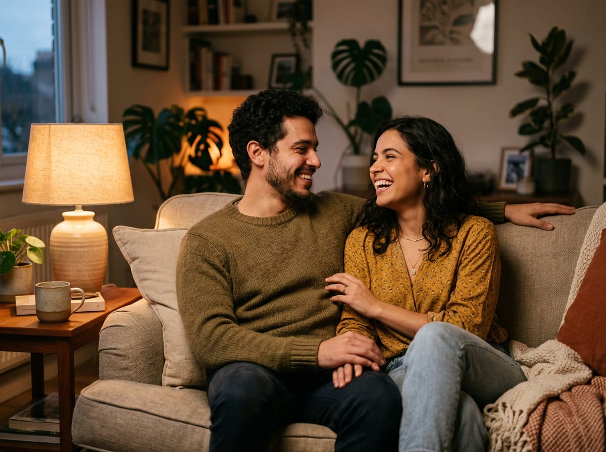 Casal sorrindo ao celebrar o progresso de uma meta financeira durante o check-in