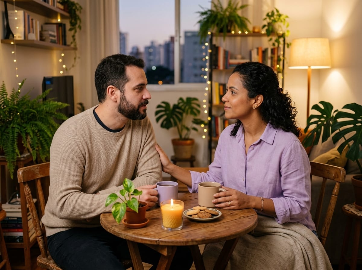 Casal conversando com expressão calma e atenta, sentado frente a frente