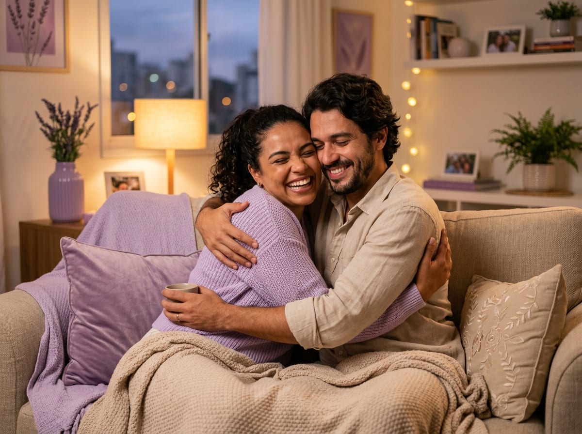 Casal sorrindo aliviado após uma conversa, se abraçando no sofá