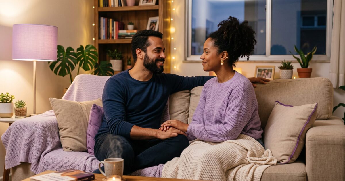 Casal conversando com carinho sobre finanças em casa
