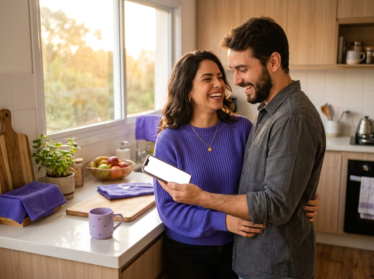 Casal comemorando juntos uma meta financeira alcançada na cozinha de casa