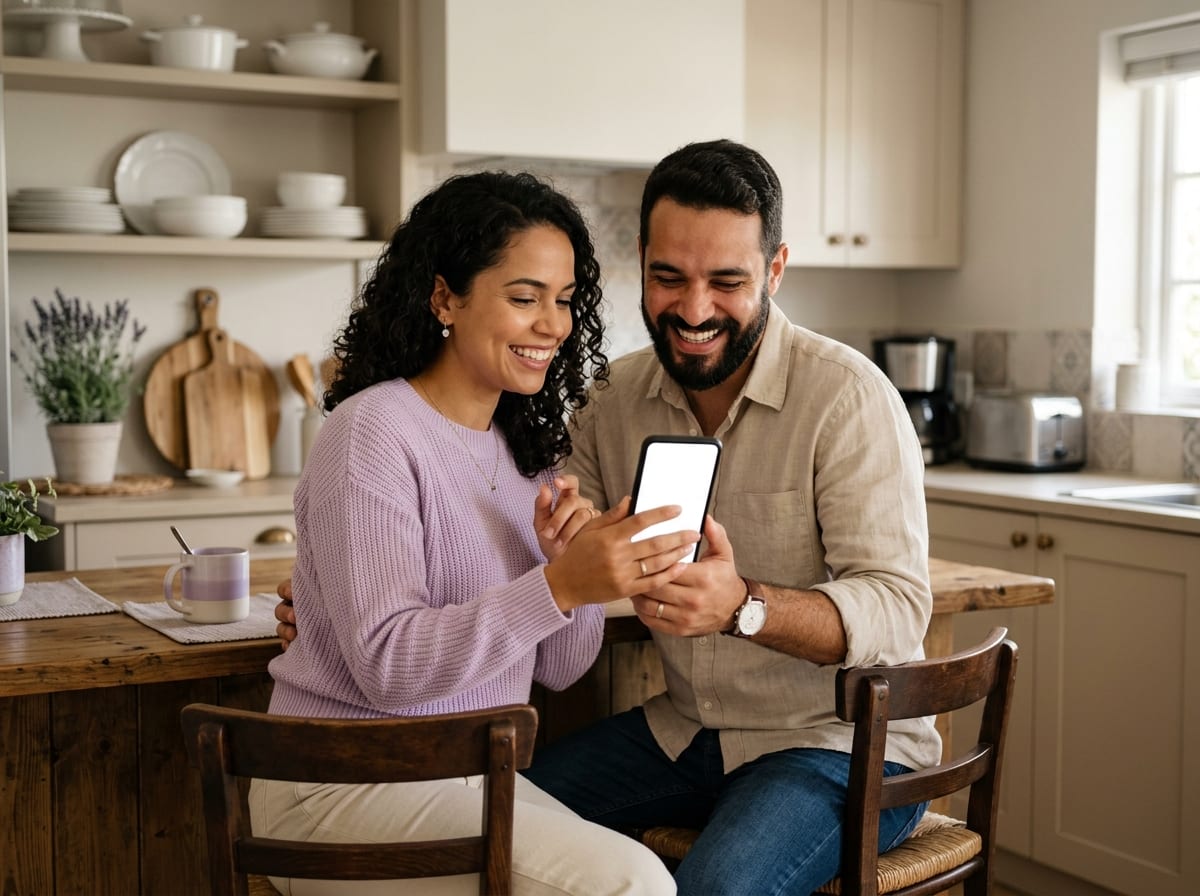 Casal olhando juntos para um quadro ou aplicativo com lista de tarefas de casa