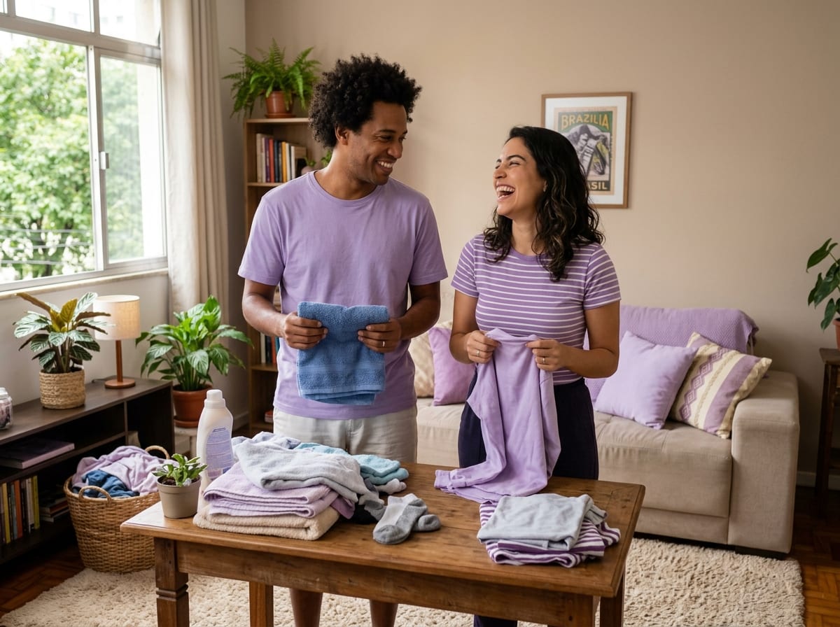 Casal sorrindo enquanto realizam juntos uma tarefa doméstica em casa