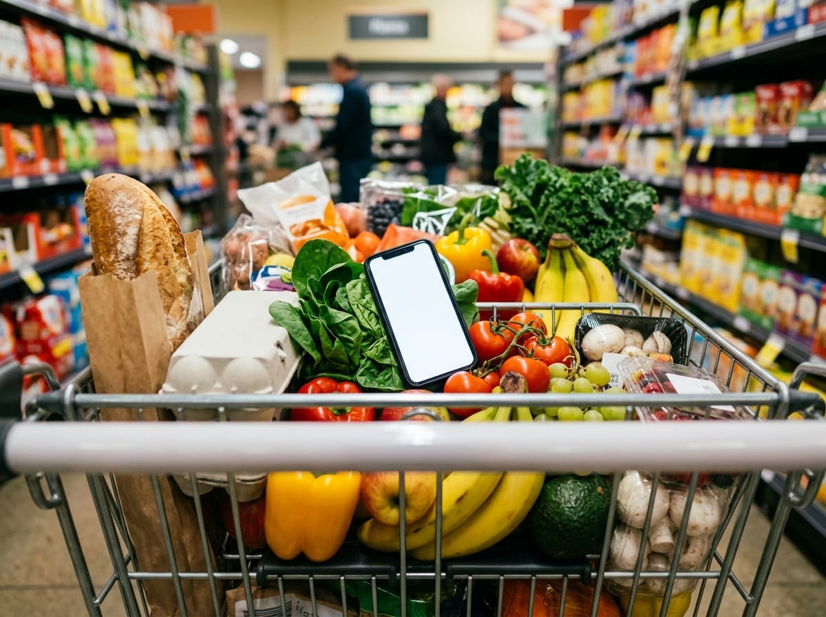 Casal revisando juntos a lista de compras compartilhada pelo celular