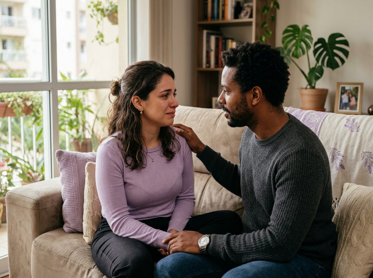 Casal conversando com carinho, um segurando a mão do outro em apoio