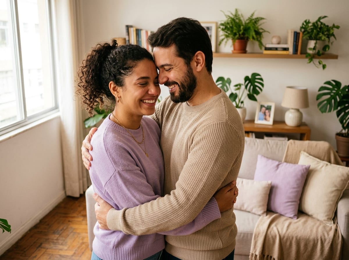 Casal sorrindo aliviado, abraçados após uma conversa sincera