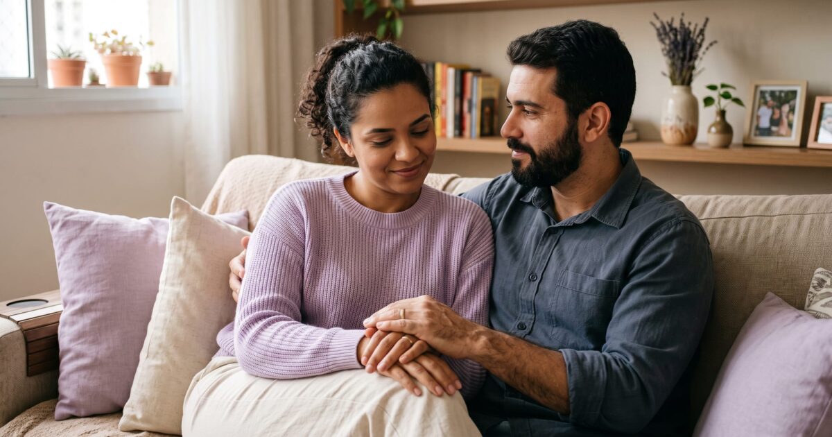 Casal se apoiando com carinho no sofá