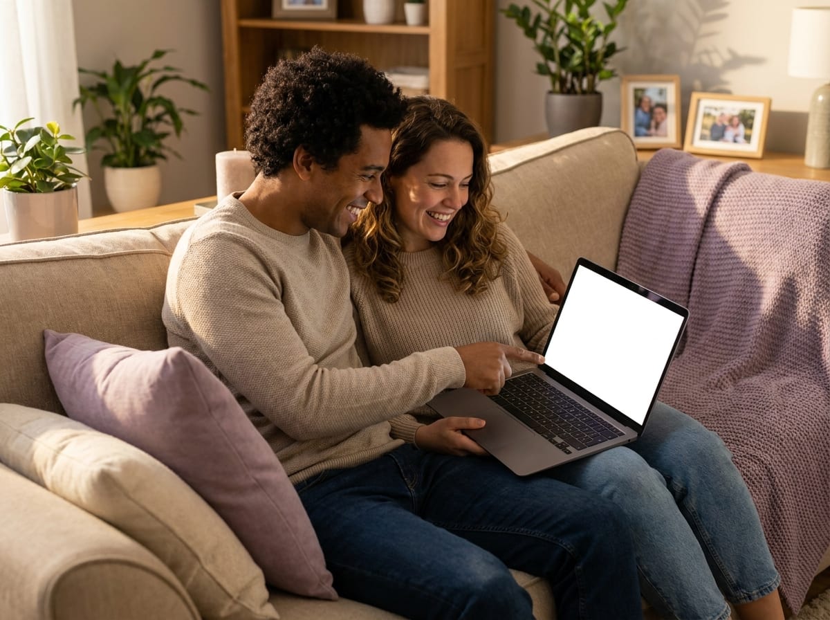 Casal pesquisando destino de viagem juntos no notebook, sorrindo