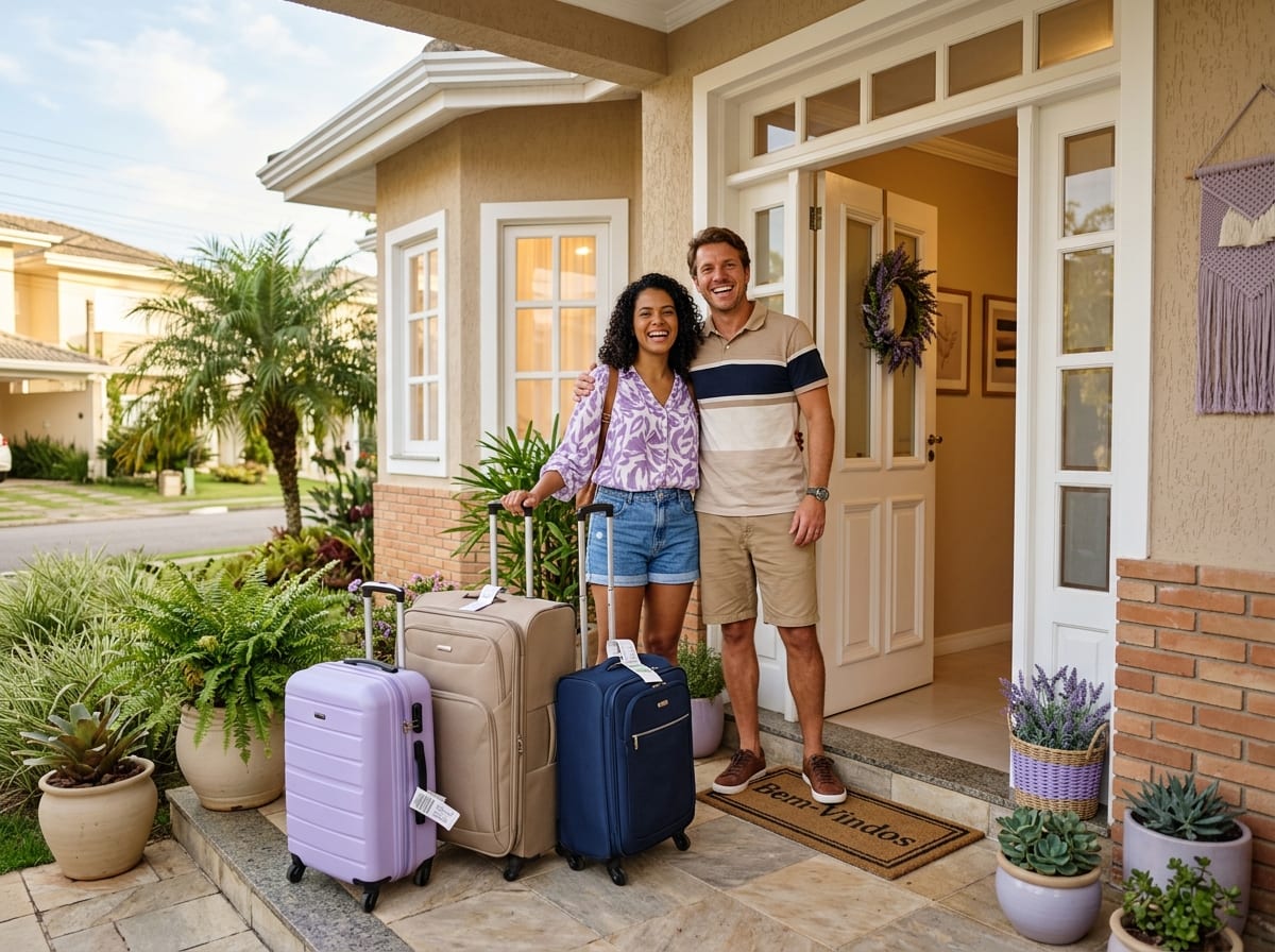 Casal feliz com malas prontas, saindo de casa para uma viagem
