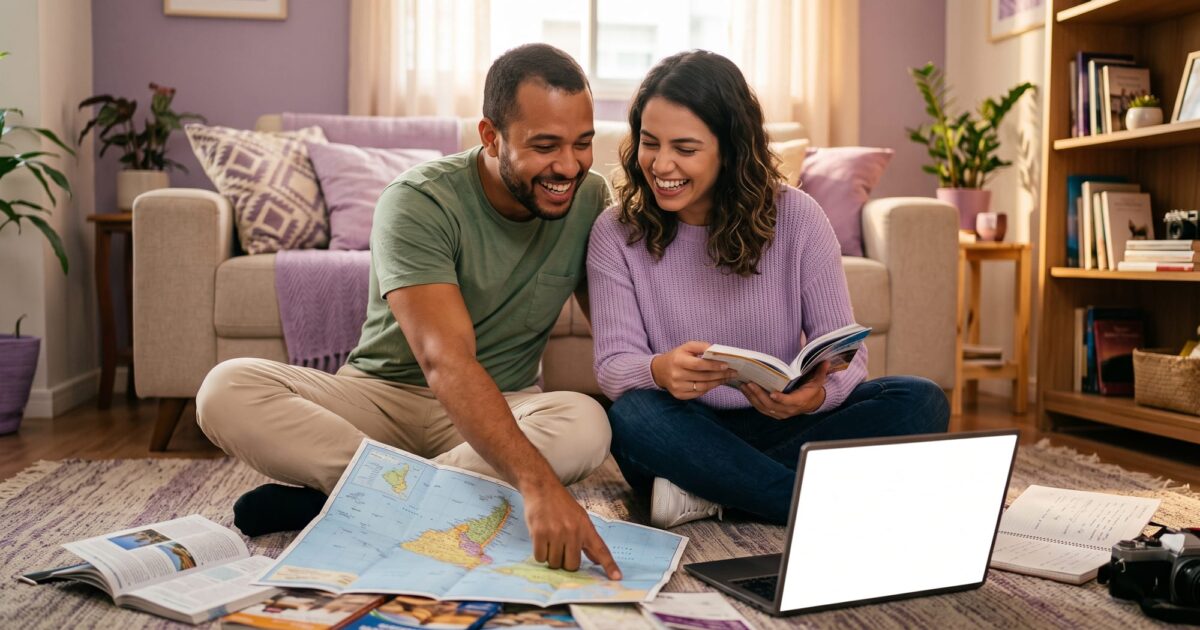 Casal planejando viagem juntos com mapa e guias