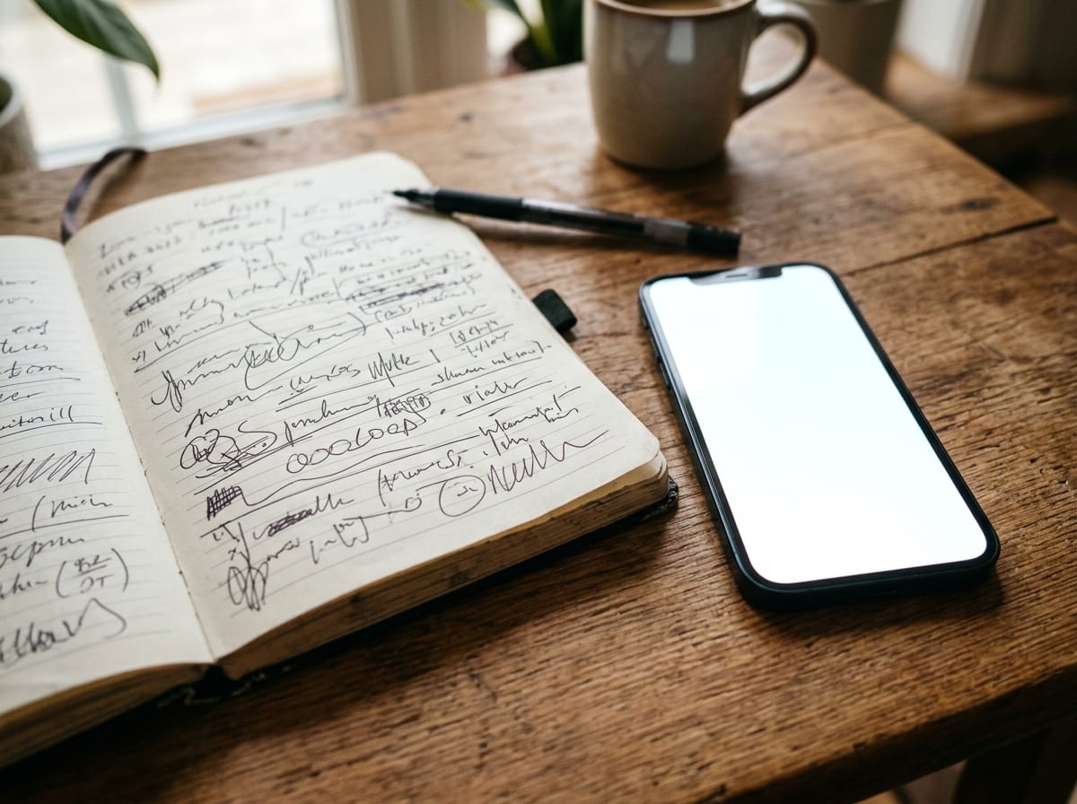 Planilha de gastos esquecida ao lado de um celular com um app financeiro sendo usado
