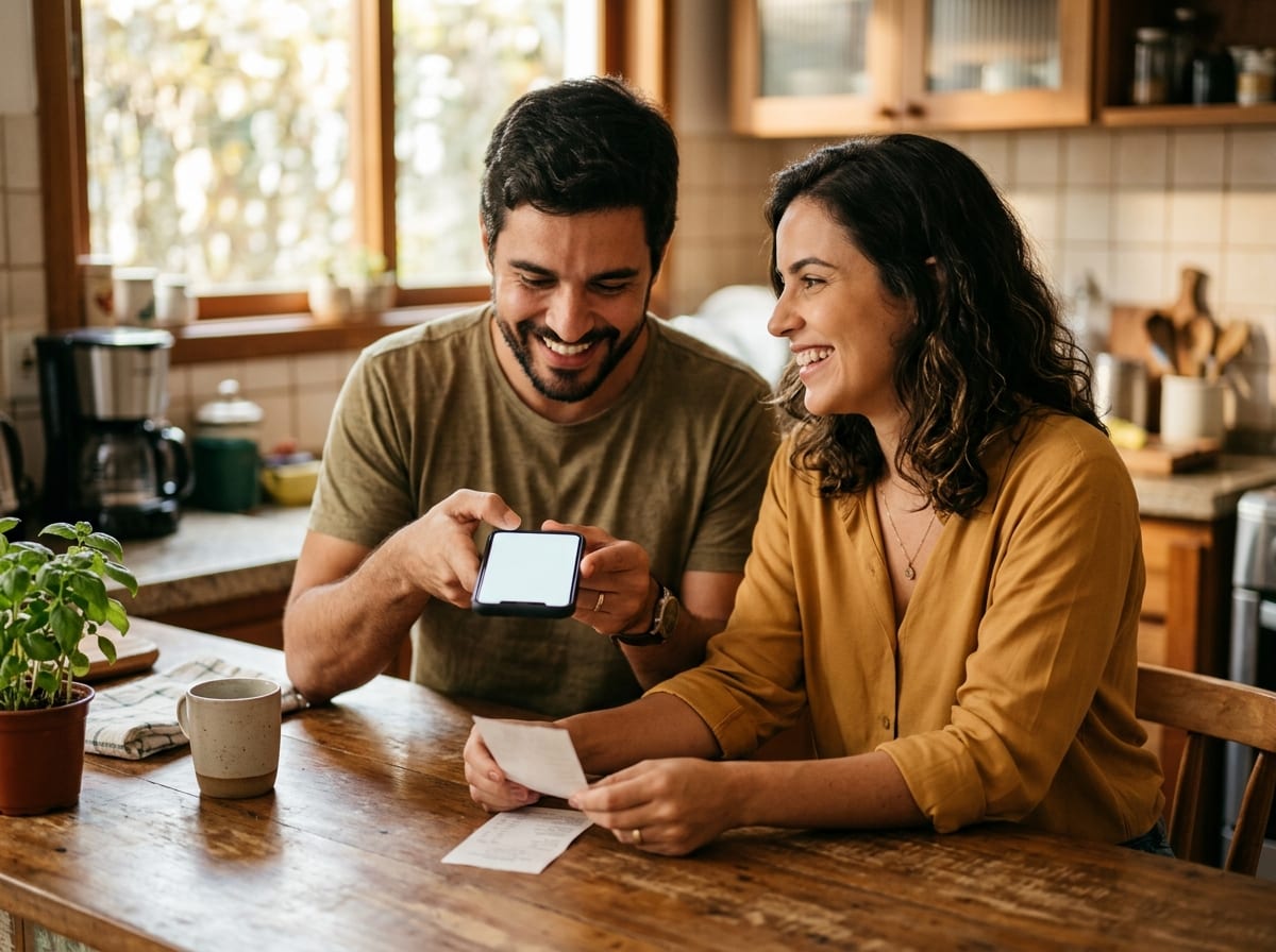 Casal registrando uma transação em segundos direto pelo celular