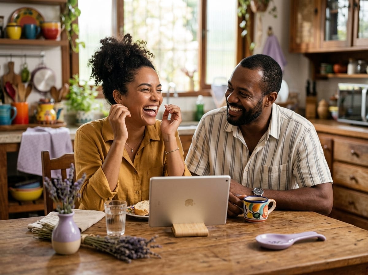 Casal sorrindo durante uma conversa leve sobre finanças em um sofá
