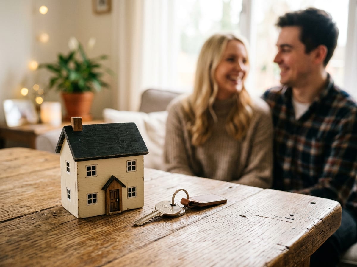 Casal simulando o financiamento e a entrada de um apartamento em um notebook