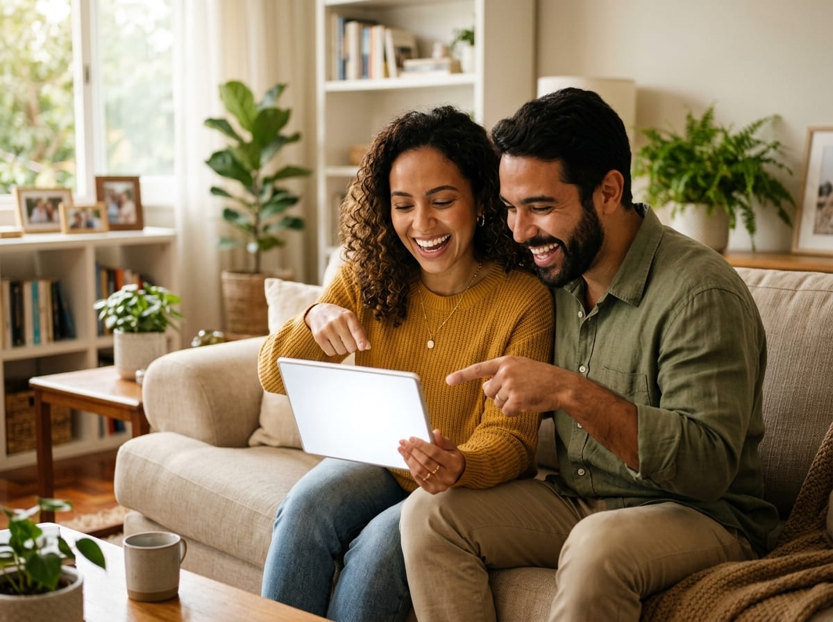 Casal comemorando ao ver a barra de progresso da meta do apartamento quase completa
