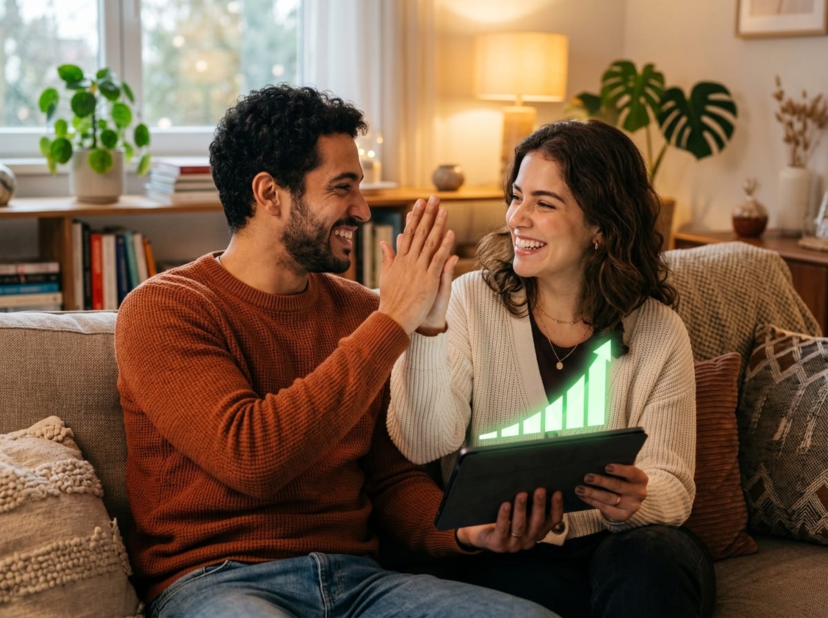 Barra de progresso de uma meta financeira de casal se aproximando do valor alvo