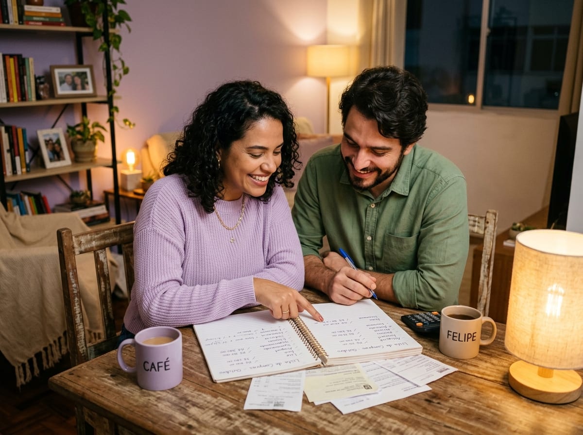 Casal sentado à mesa organizando papéis e contas juntos, com um notebook aberto
