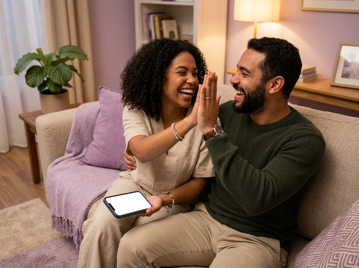 Casal sorrindo, comemorando ao riscar um item de uma lista de contas no celular