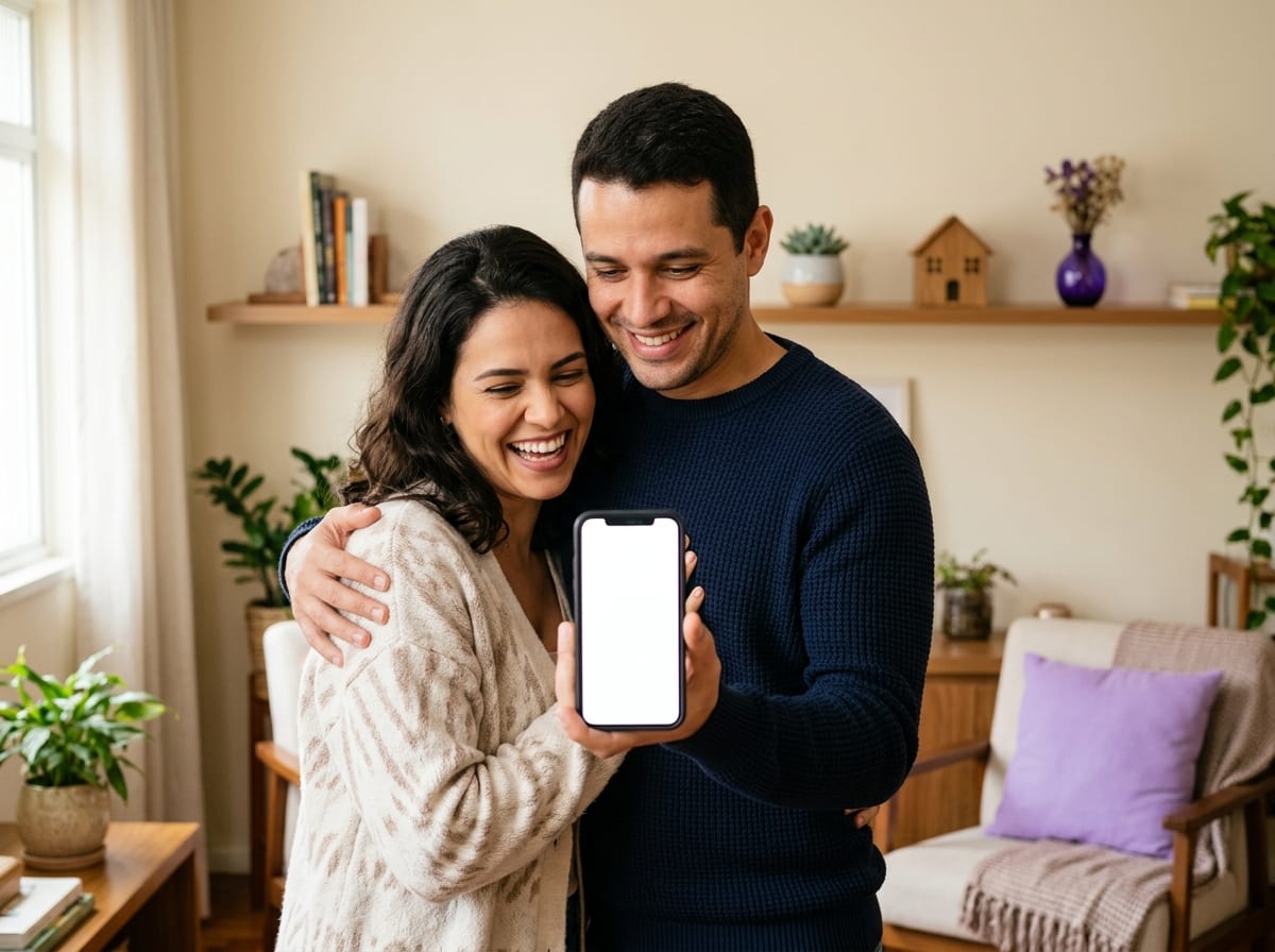 Casal comemorando a decisão tomada juntos sobre comprar ou alugar o primeiro imóvel