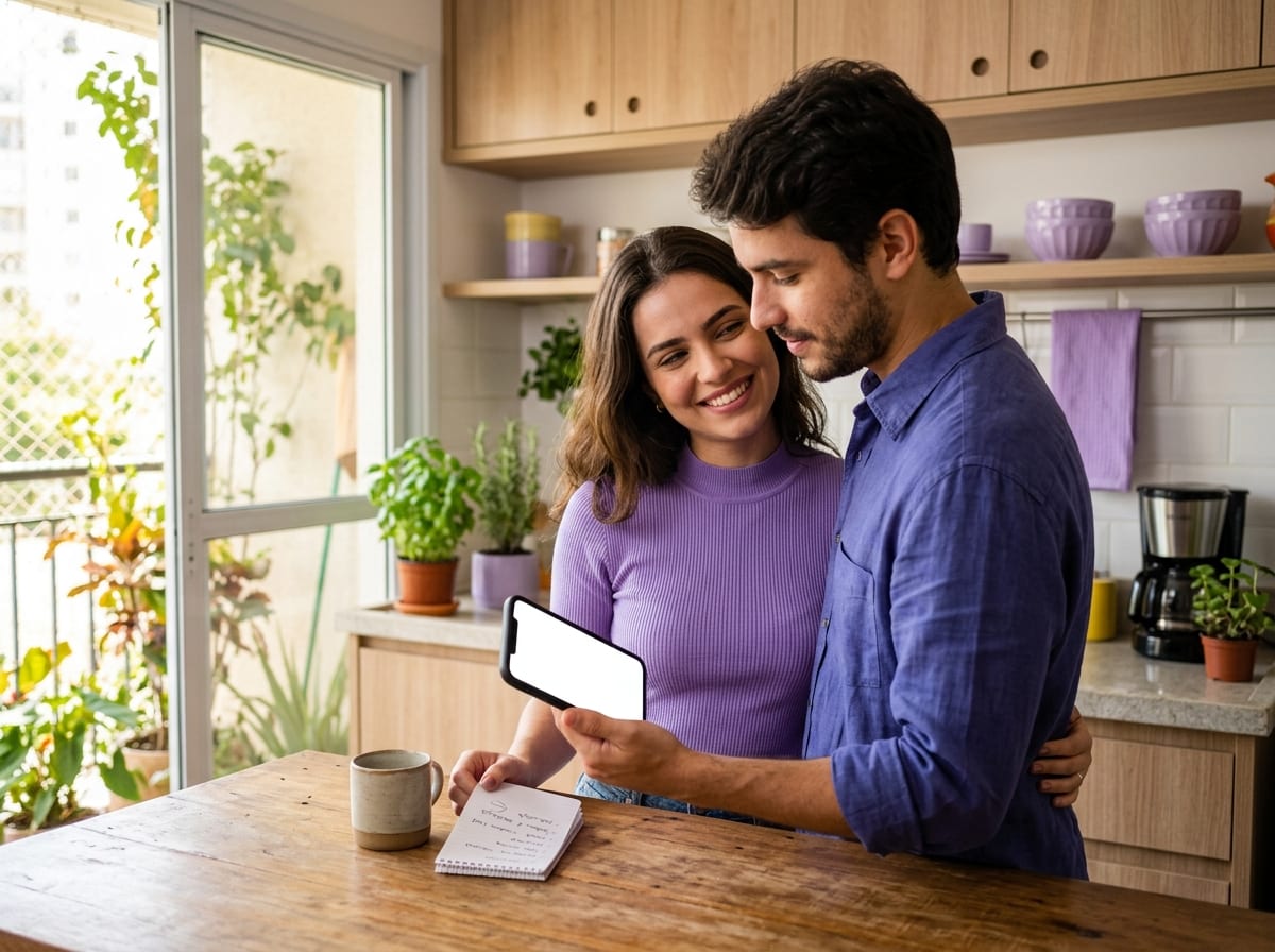 Casal conferindo juntos uma lista de compras no celular antes de ir ao mercado