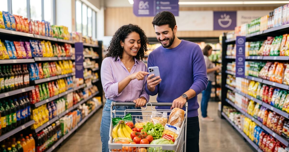 Casal fazendo compras de mercado juntos, olhando lista no celular